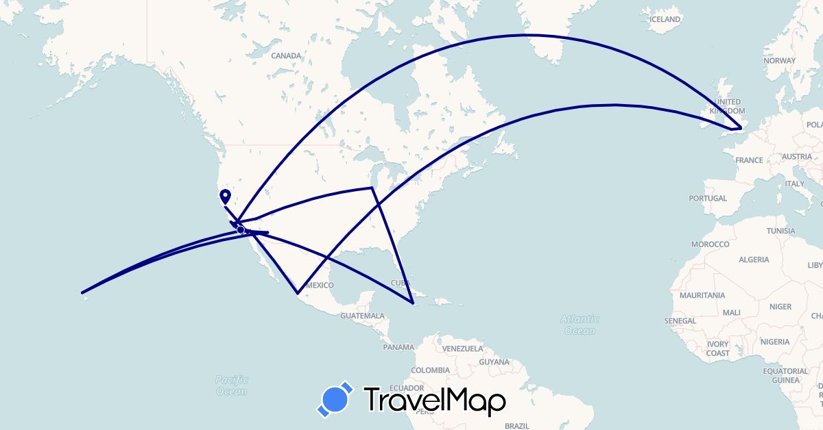 TravelMap itinerary: driving in United Kingdom, Jamaica, Mexico, United States (Europe, North America)